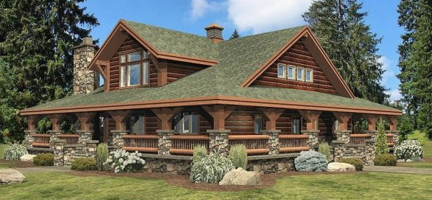 Log Home with wrap around porch design for the best Log Home Maintenance
